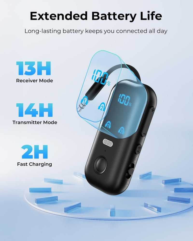 daskmenbo Bluetooth 5.4 Transmitter Receiver aptX Adaptive for 2 AirPods/Headphones, 2-in-1 Bluetooth Audio Adapter with Mic & LED Display for TV, Airplane Travel, 3.5mm AUX Wireless Adapter for Car/Home Stereo - Image 4